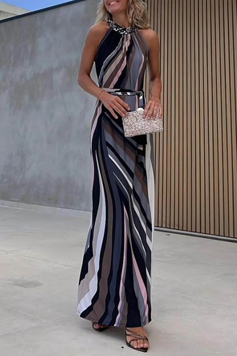 Elegante vestido de falda de un solo paso con escote halter, estampado geométrico y contraste