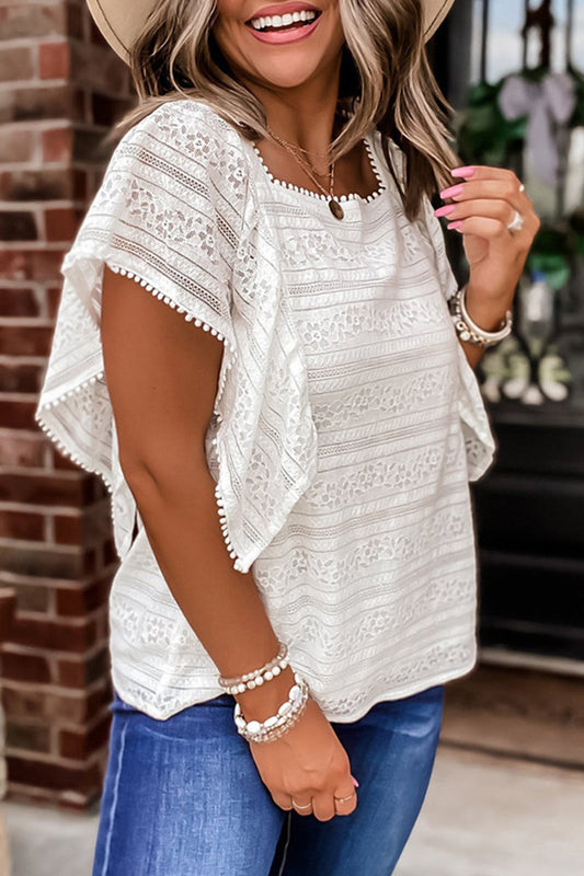 Tops casuales sencillos de encaje liso con cuello redondo ahuecado