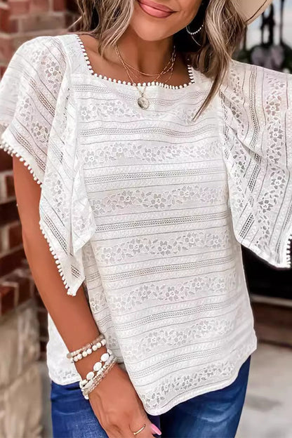 Tops casuales sencillos de encaje liso con cuello redondo ahuecado