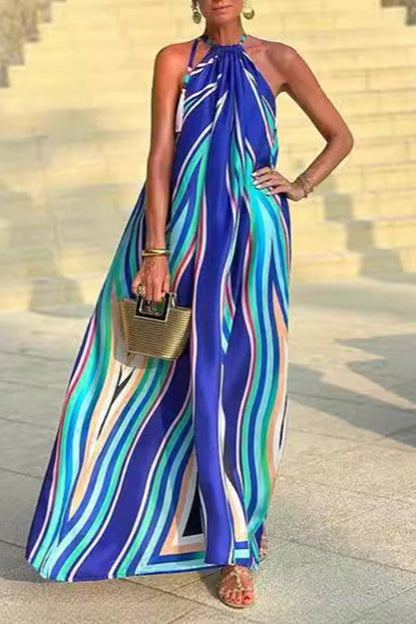Vestidos sexys con estampado de rayas y cuello halter en contraste con frenillo