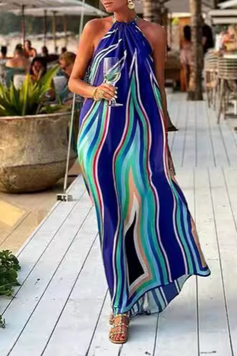 Vestidos sexys con estampado de rayas y cuello halter en contraste con frenillo