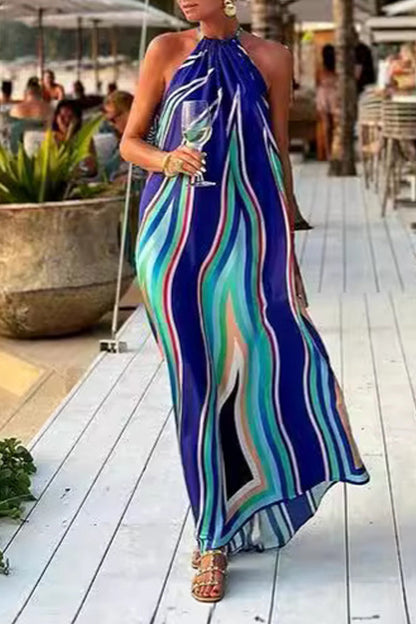 Vestidos sexys con estampado de rayas y cuello halter en contraste con frenillo