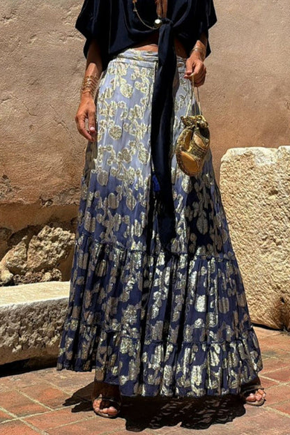 Elegante pantalón tipo A con estampado completo, holgado, de cintura alta, con volantes y contraste de flores