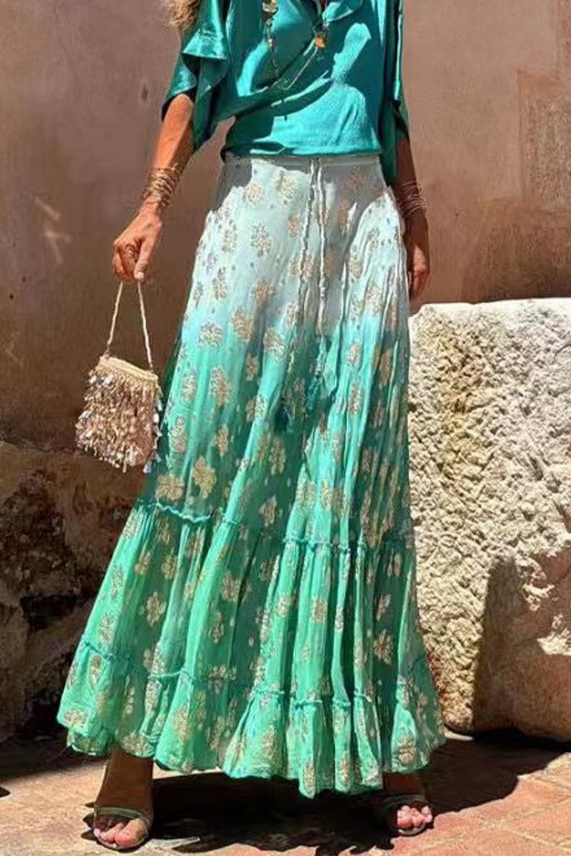 Elegante pantalón tipo A con estampado completo, holgado, de cintura alta, con volantes y contraste de flores