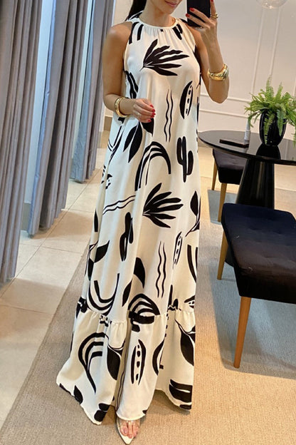 Elegante vestido estampado geométrico con pliegues y cuello redondo sin cinturón