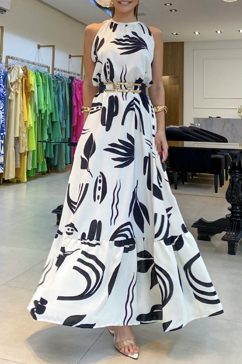 Elegante vestido estampado geométrico con pliegues y cuello redondo sin cinturón