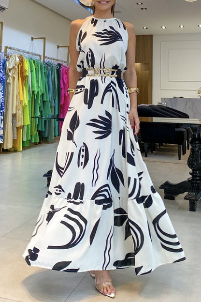 Elegante vestido estampado geométrico con pliegues y cuello redondo sin cinturón