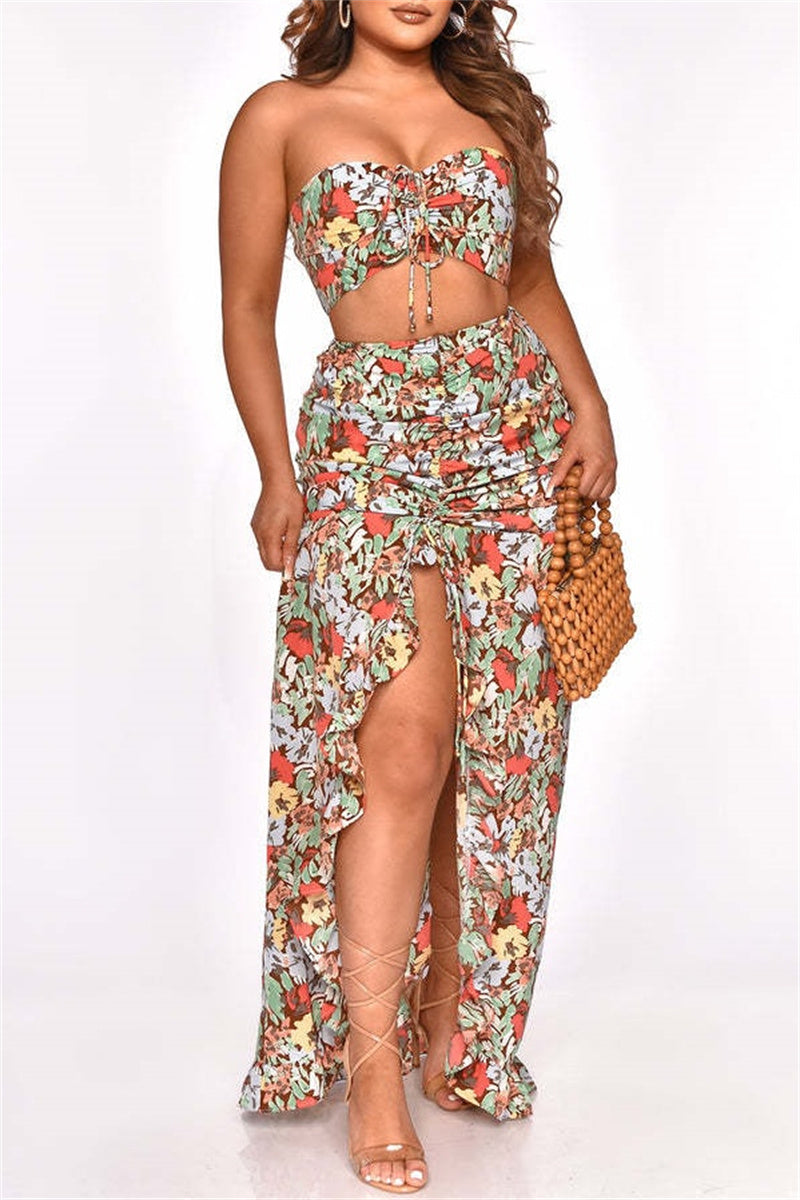 Conjunto de dos piezas sexy informal con estampado de cordón, espalda descubierta, abertura, sin tirantes y sin mangas (3 colores)