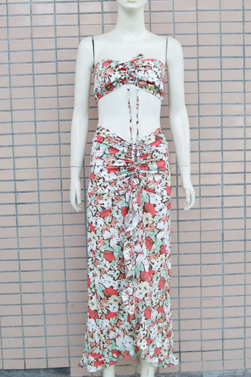 Conjunto de dos piezas sexy informal con estampado de cordón, espalda descubierta, abertura, sin tirantes y sin mangas (3 colores)