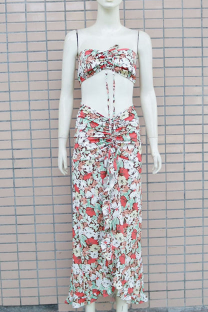 Conjunto de dos piezas sexy informal con estampado de cordón, espalda descubierta, abertura, sin tirantes y sin mangas (3 colores)