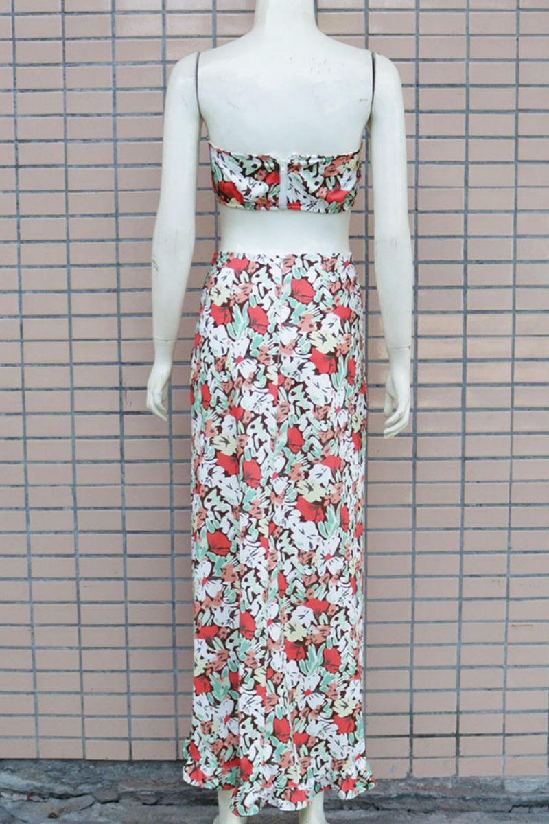 Conjunto de dos piezas sexy informal con estampado de cordón, espalda descubierta, abertura, sin tirantes y sin mangas (3 colores)