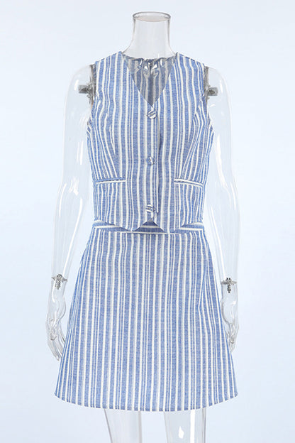 Conjunto elegante de dos piezas con cuello en V, sin mangas y rayas en contraste
