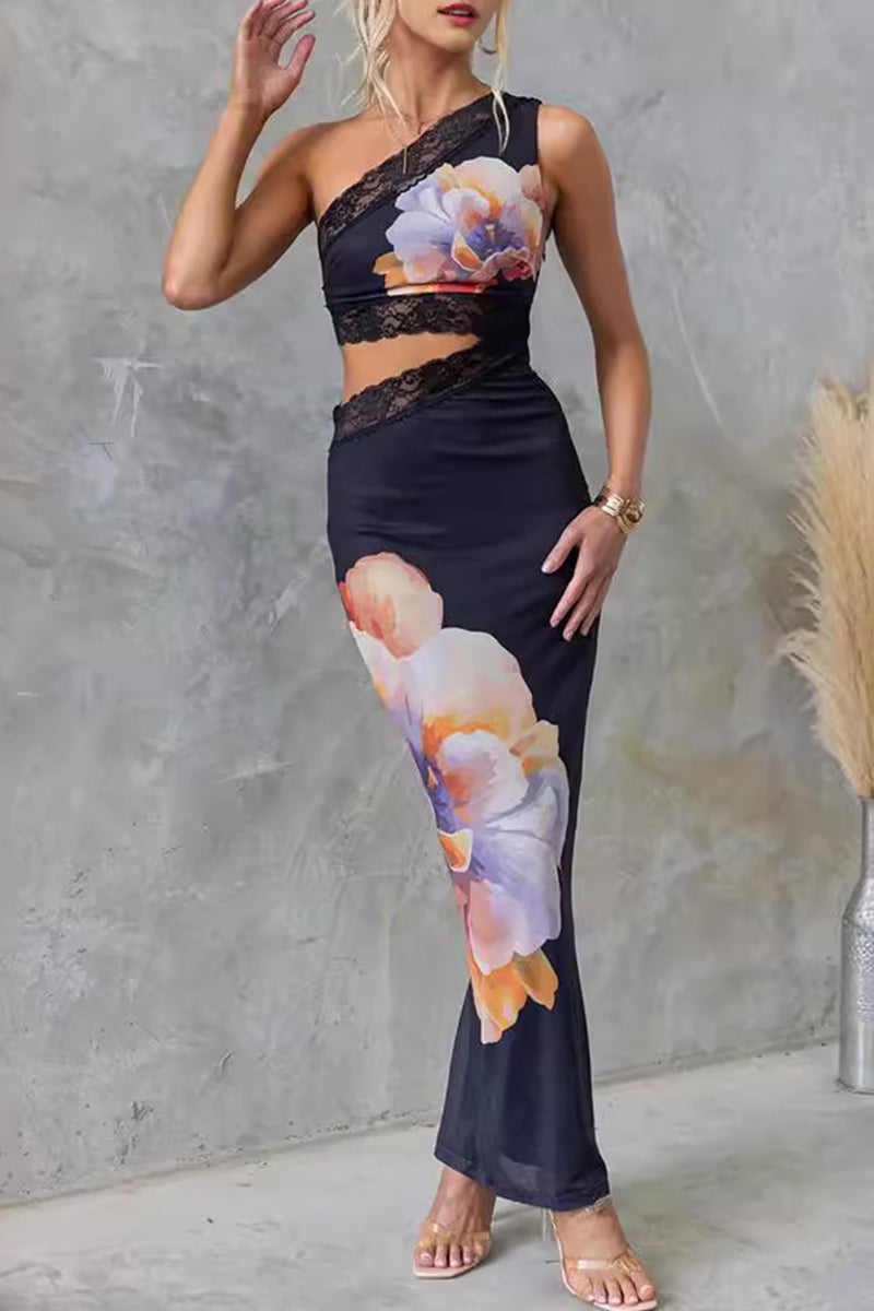 Vestidos sexis de falda de un solo paso con cuello oblicuo y encaje con flores estampadas