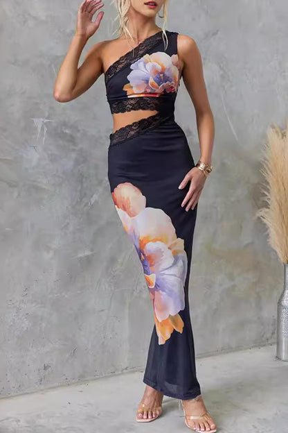 Vestidos sexis de falda de un solo paso con cuello oblicuo y encaje con flores estampadas