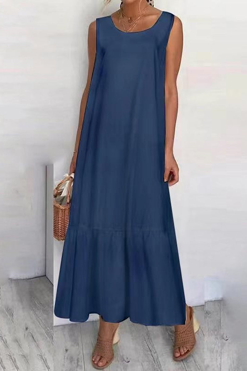 Vestidos casuales de corte A con cuello redondo, volantes y patchwork liso