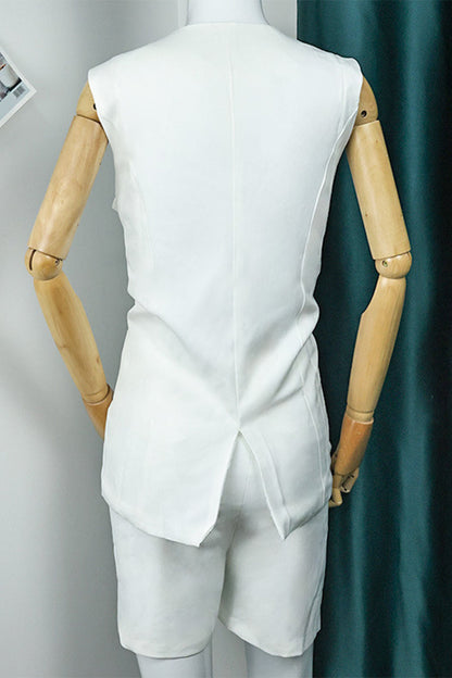 Conjunto de dos piezas informal sencillo con botones, abertura y cuello redondo, sin mangas