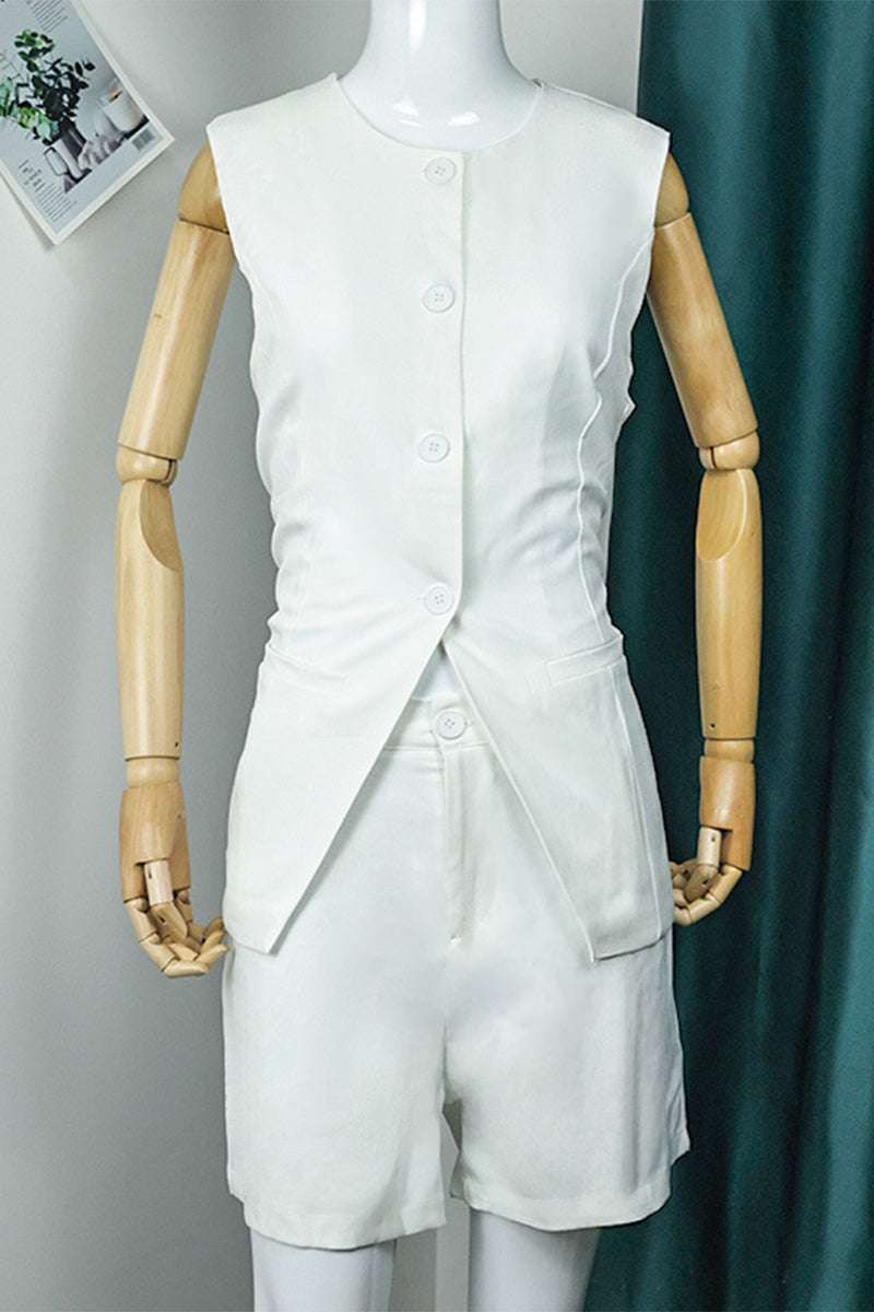 Conjunto de dos piezas informal sencillo con botones, abertura y cuello redondo, sin mangas
