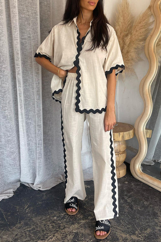 Conjunto de dos piezas informal sencillo con cuello barco, manga larga y diseño ondulado de patchwork
