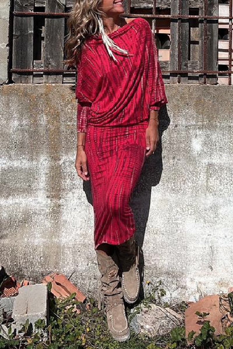 Vestidos casuales vintage con estampado geométrico y hombros descubiertos con falda de un solo paso