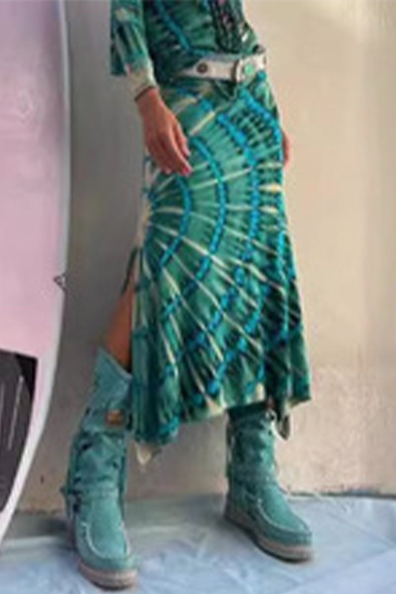 Pantalones casuales de cintura alta, sueltos, con abertura y teñido anudado, tipo A, con estampado completo