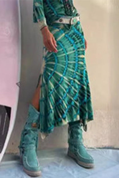 Pantalones casuales de cintura alta, sueltos, con abertura y teñido anudado, tipo A, con estampado completo