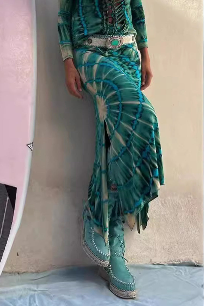 Pantalones casuales de cintura alta, sueltos, con abertura y teñido anudado, tipo A, con estampado completo