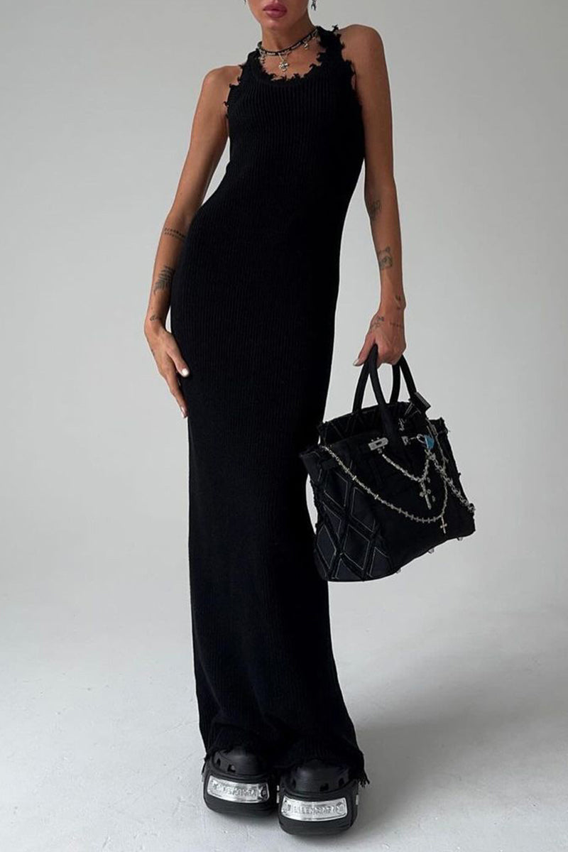 Vestidos casuales sencillos con falda de un solo paso, con cuello redondo y rotos.