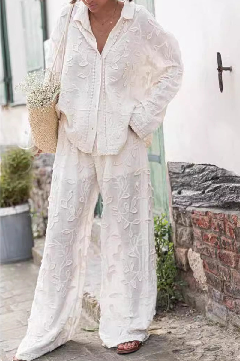 Conjunto informal de dos piezas de manga larga con cuello vuelto y jacquard liso