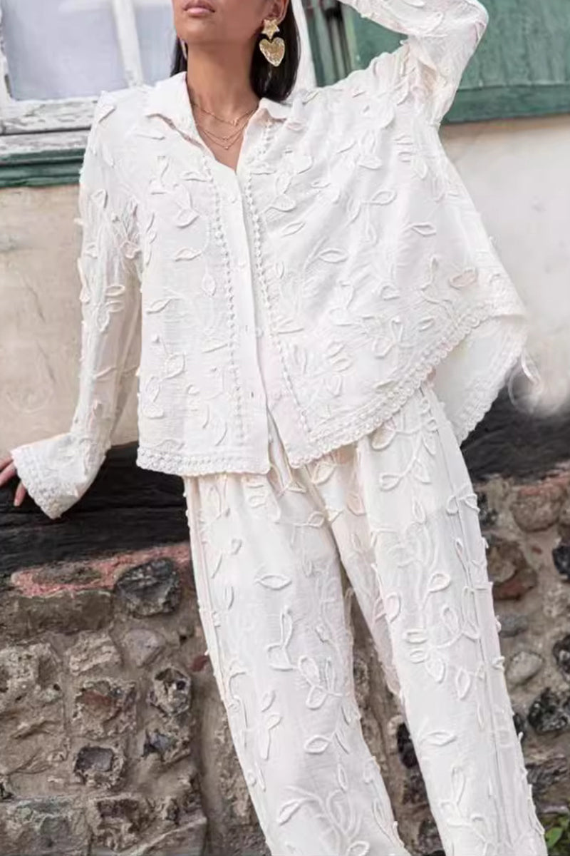 Conjunto informal de dos piezas de manga larga con cuello vuelto y jacquard liso