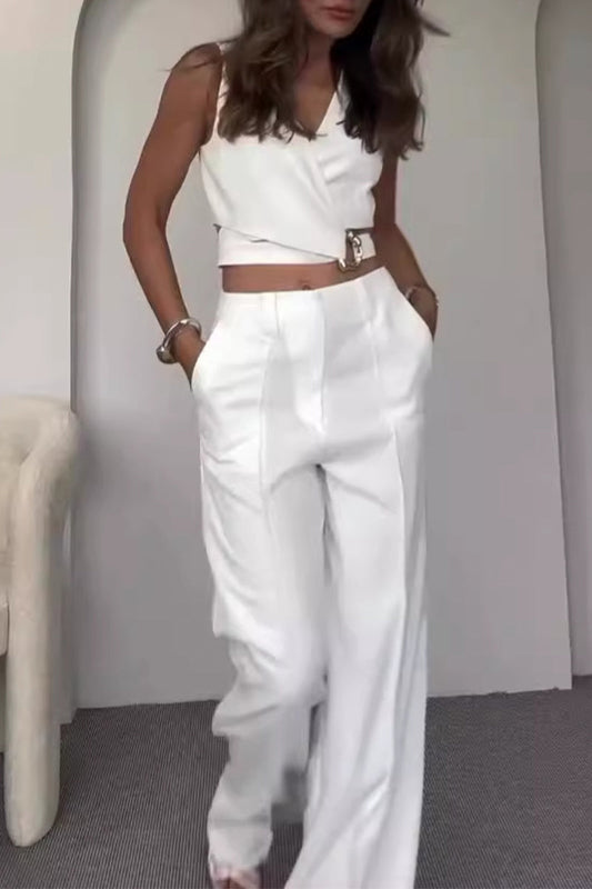 Conjunto informal de dos piezas con cuello en V, sin mangas, botones sólidos, estilo británico