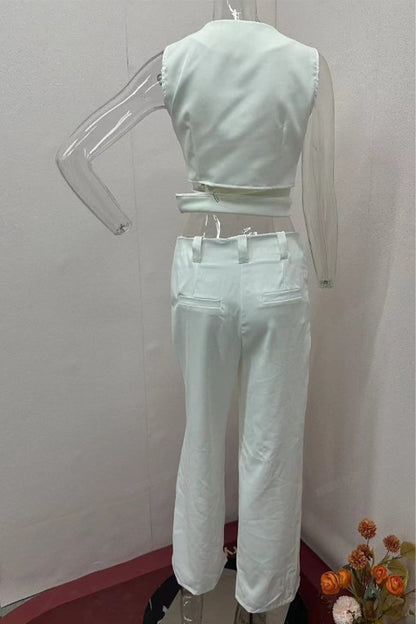 Conjunto informal de dos piezas con cuello en V, sin mangas, botones sólidos, estilo británico