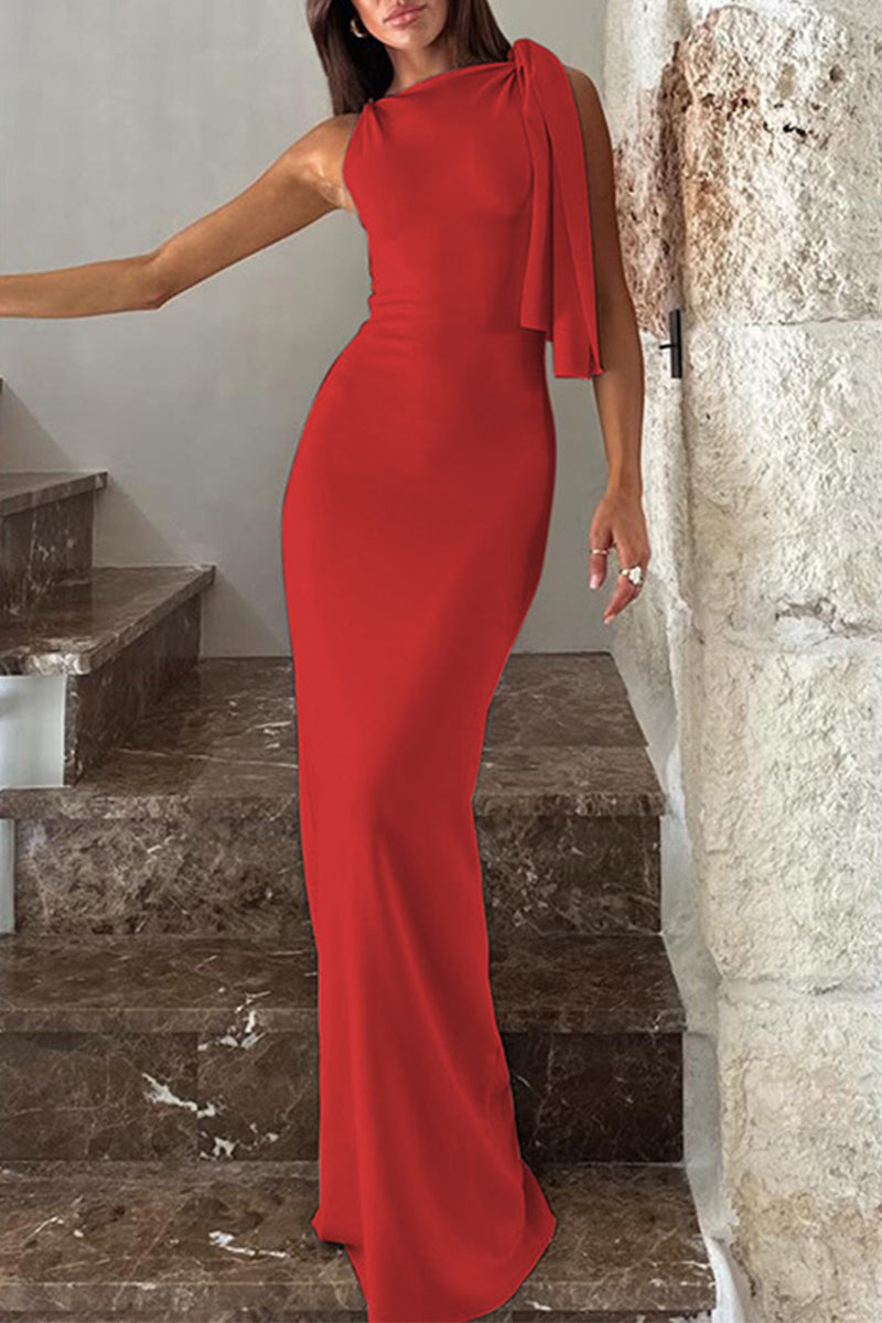 Vestidos elegantes de celebridades con falda de un solo paso, cuello oblicuo y frenillo liso (5 colores)