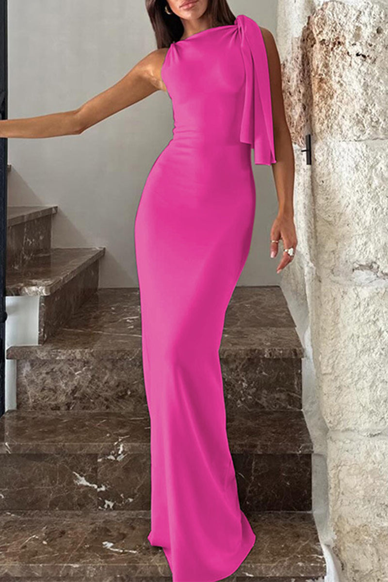 Vestidos elegantes de celebridades con falda de un solo paso, cuello oblicuo y frenillo liso (5 colores)