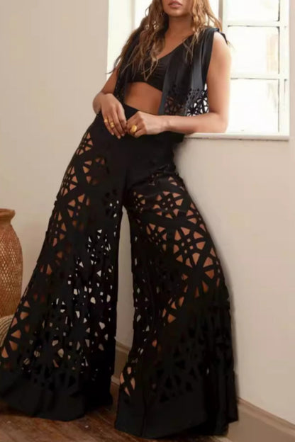 Conjunto informal de dos piezas, liso, ahuecado, con escote en V y sin mangas