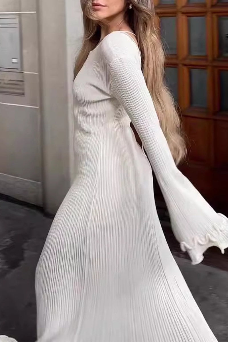 Vestidos sexis de manga larga con cuello redondo, espalda descubierta y pliegues sólidos