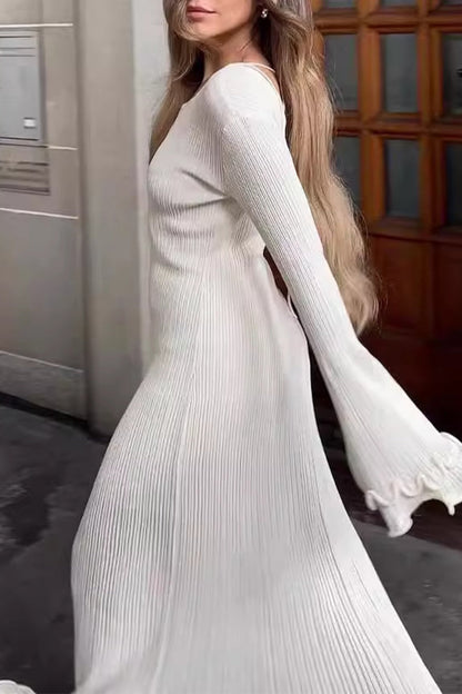 Vestidos sexis de manga larga con cuello redondo, espalda descubierta y pliegues sólidos