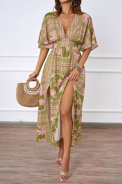 Vestido sexy de manga corta con escote en V y abertura floral