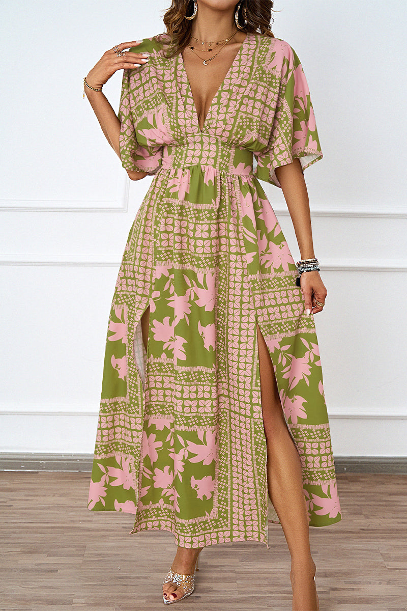 Vestido sexy de manga corta con escote en V y abertura floral