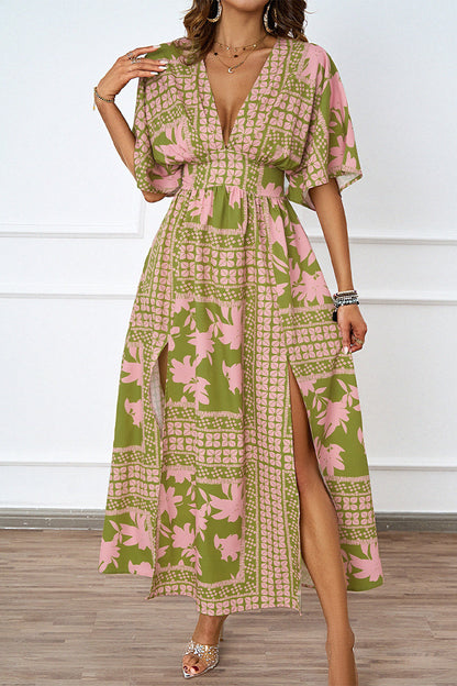 Vestido sexy de manga corta con escote en V y abertura floral