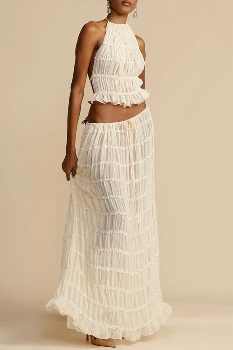 Traje de baño sexy de vacaciones sólido con frenillo transparente, sin espalda, halter, sin mangas, dos piezas