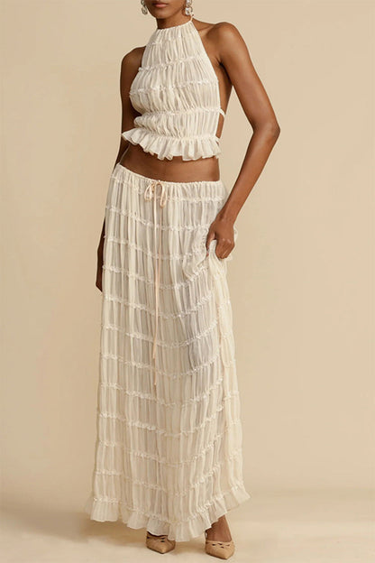 Traje de baño sexy de vacaciones sólido con frenillo transparente, sin espalda, halter, sin mangas, dos piezas