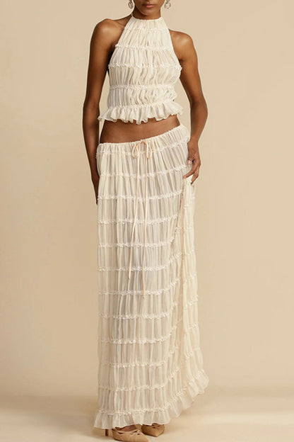 Traje de baño sexy de vacaciones sólido con frenillo transparente, sin espalda, halter, sin mangas, dos piezas