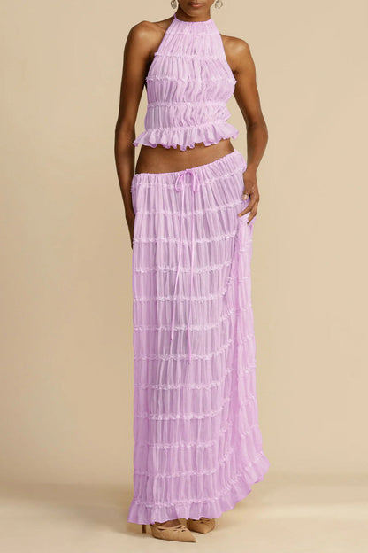 Traje de baño sexy de vacaciones sólido con frenillo transparente, sin espalda, halter, sin mangas, dos piezas