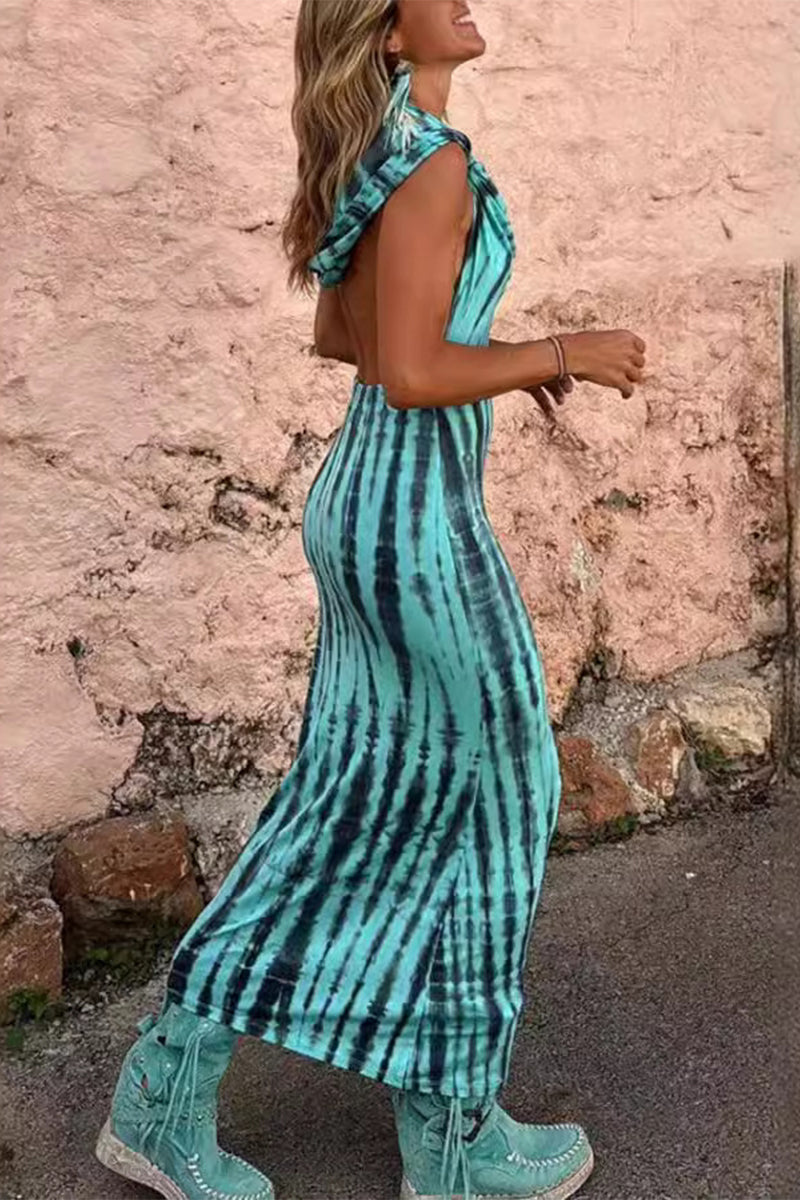 Vestido informal bohemio con estampado geométrico, espalda descubierta, cuello con capucha, falda de un solo paso (sin cinturón)