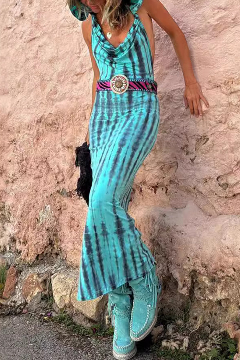 Vestido informal bohemio con estampado geométrico, espalda descubierta, cuello con capucha, falda de un solo paso (sin cinturón)