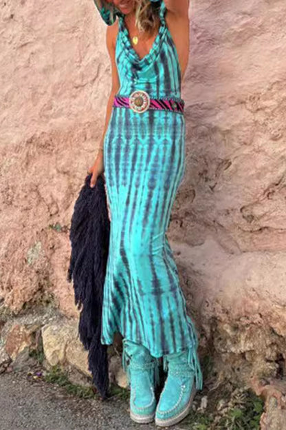 Vestido informal bohemio con estampado geométrico, espalda descubierta, cuello con capucha, falda de un solo paso (sin cinturón)
