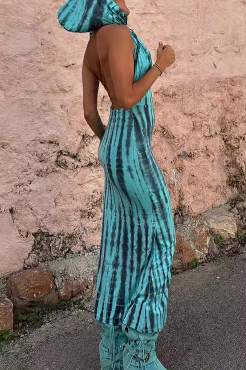 Vestido informal bohemio con estampado geométrico, espalda descubierta, cuello con capucha, falda de un solo paso (sin cinturón)
