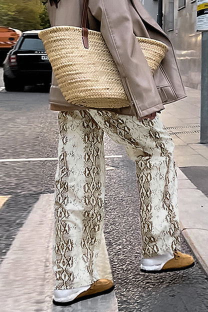 Pantalones casuales con estampado animal, contraste, sueltos, de cintura alta, rectos, con estampado completo