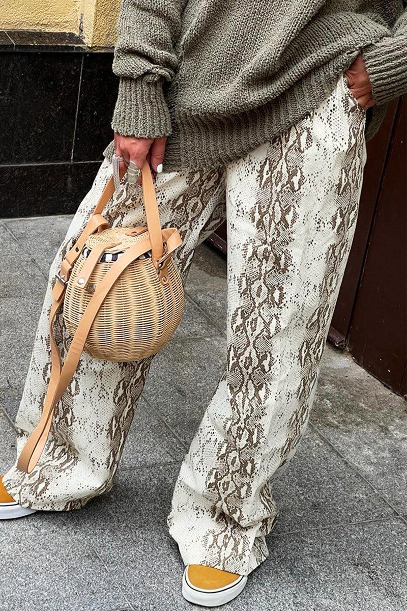 Pantalones casuales con estampado animal, contraste, sueltos, de cintura alta, rectos, con estampado completo