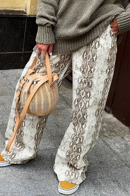 Pantalones casuales con estampado animal, contraste, sueltos, de cintura alta, rectos, con estampado completo